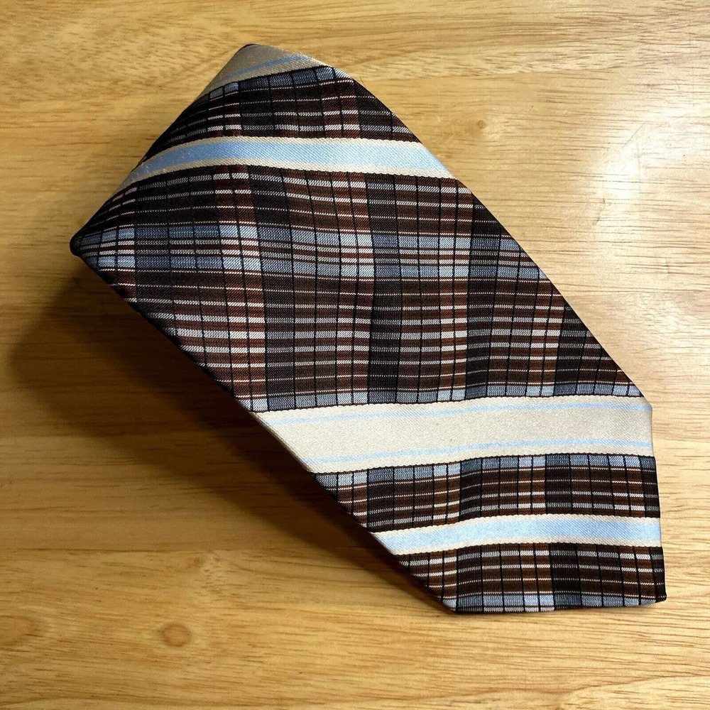 Vintage Berkley Cravats Tie Necktie Roos Atkins Brown, White & Blue